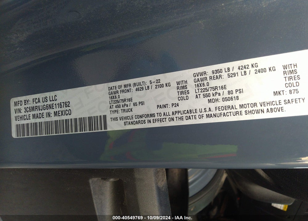 2022 RAM PROMASTER 3500 VIN: 3C6MRVJG6NE116762