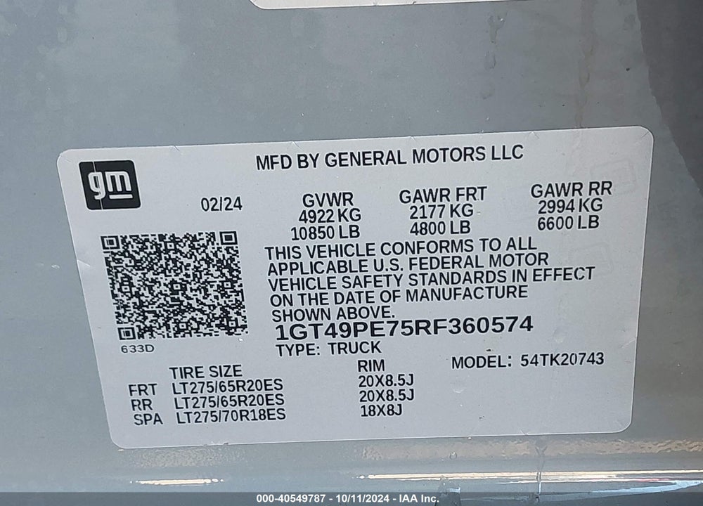 2024 GMC SIERRA 2500HD 4WD STANDARD BED AT4 VIN: 1GT49PE75RF360574