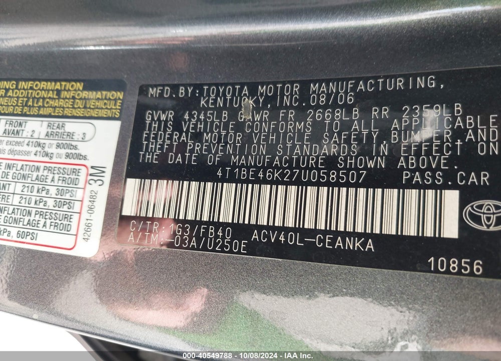 2007 TOYOTA CAMRY LE VIN: 4T1BE46K27U058507
