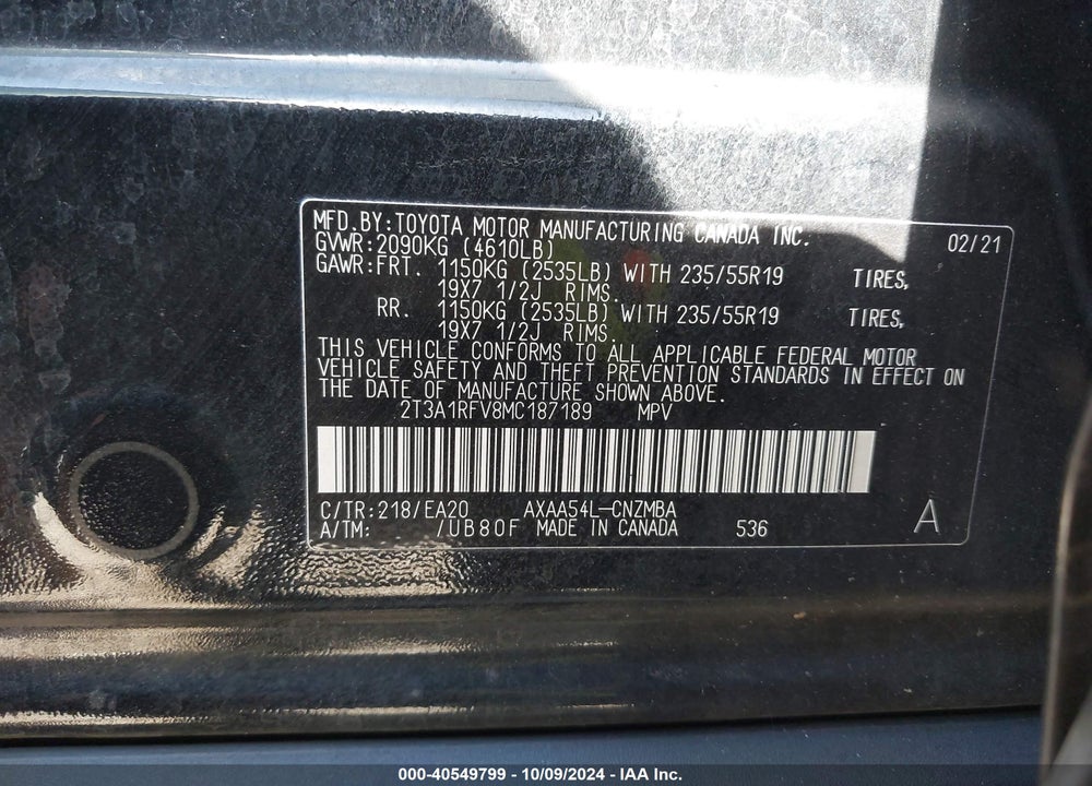 2021 TOYOTA RAV4 XLE PREMIUM VIN: 2T3A1RFV8MC187189