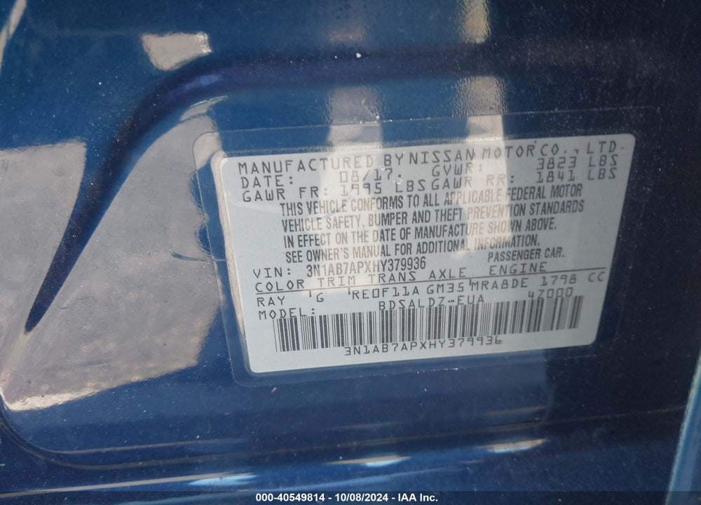 2017 NISSAN SENTRA SV VIN: 3N1AB7APXHY379936