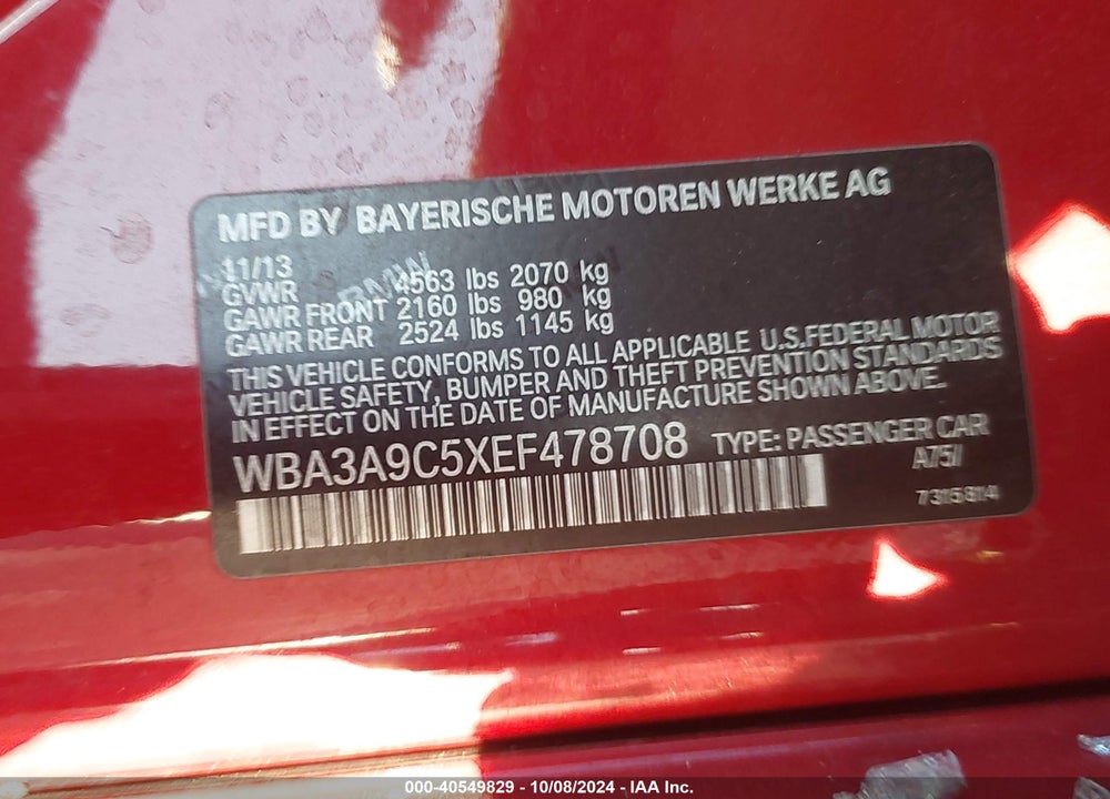 2014 BMW 335I VIN: WBA3A9C5XEF478708