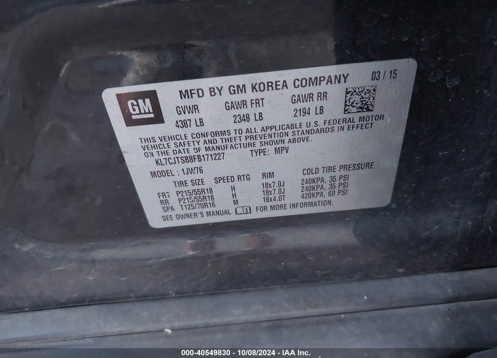 2015 CHEVROLET TRAX LTZ VIN: KL7CJTSB8FB171227