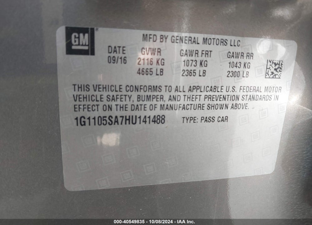 2017 CHEVROLET IMPALA 1LT VIN: 1G1105SA7HU141488