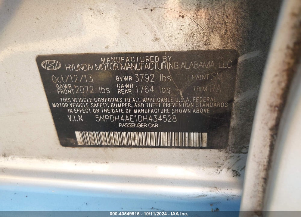 2013 HYUNDAI ELANTRA GLS VIN: 5NPDH4AE1DH434528