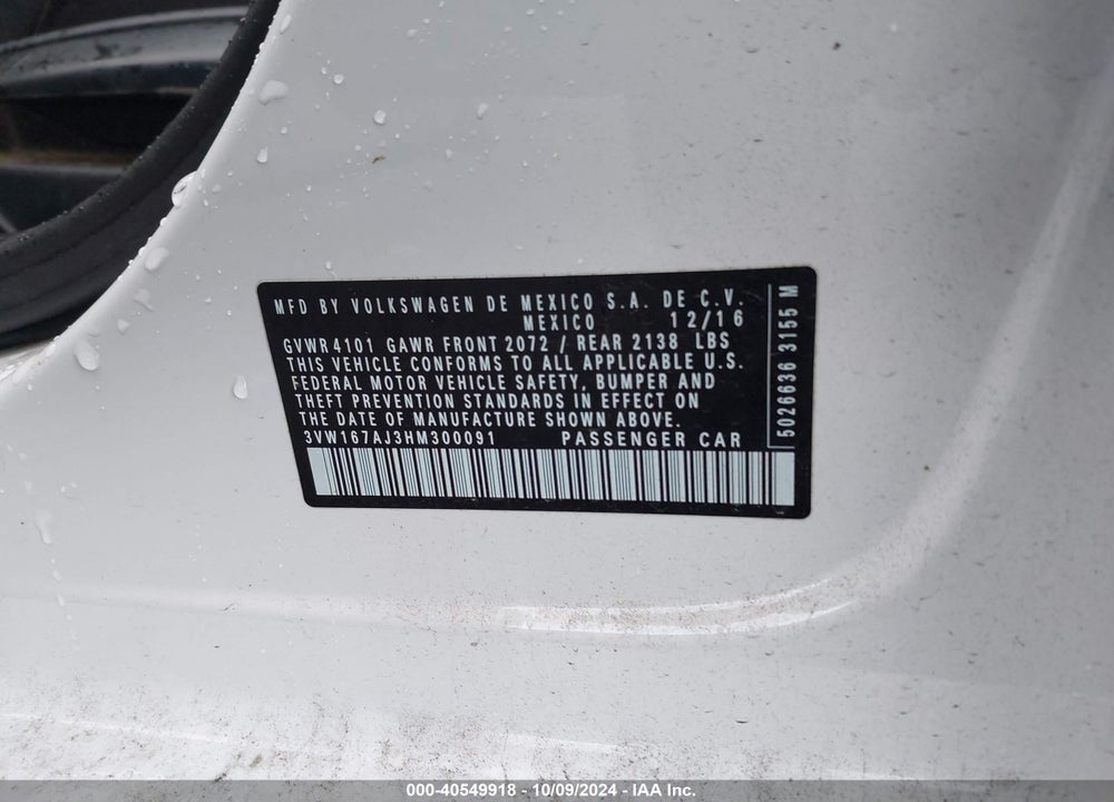 2017 VOLKSWAGEN JETTA VIN: 3VW167AJ3HM300091