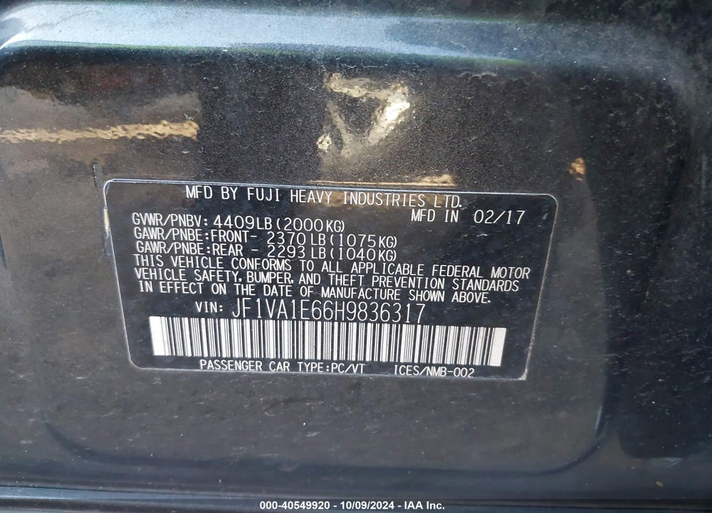 2017 SUBARU WRX PREMIUM VIN: JF1VA1E66H9836317