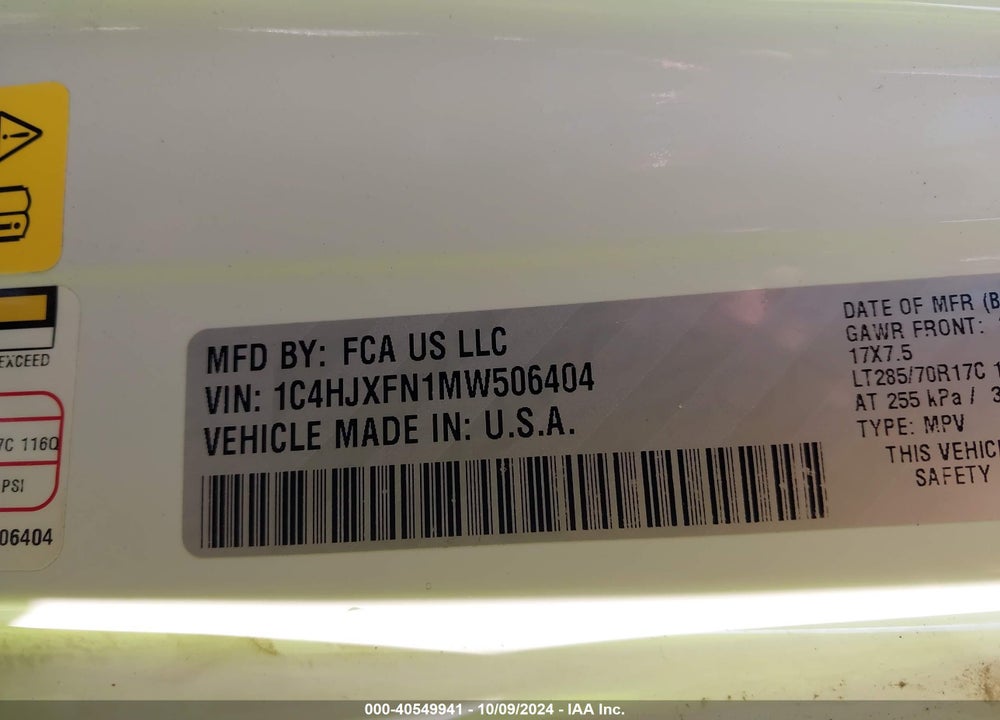 2021 JEEP WRANGLER UNLIMITED RUBICON 4X4 VIN: 1C4HJXFN1MW506404