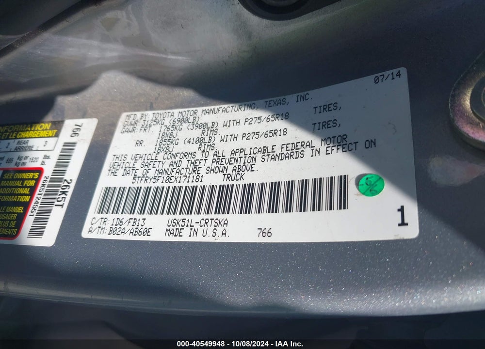 2014 TOYOTA TUNDRA SR5 5.7L V8 VIN: 5TFRY5F10EX171181