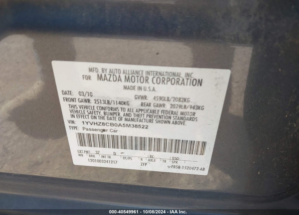 2010 MAZDA 6 S TOURING PLUS VIN: 1YVHZ8CB0A5M38522