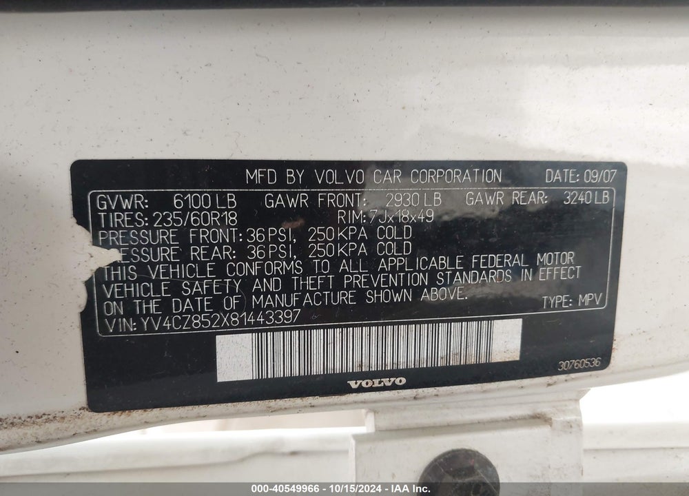 2008 VOLVO XC90 V8 VIN: YV4CZ852X81443397
