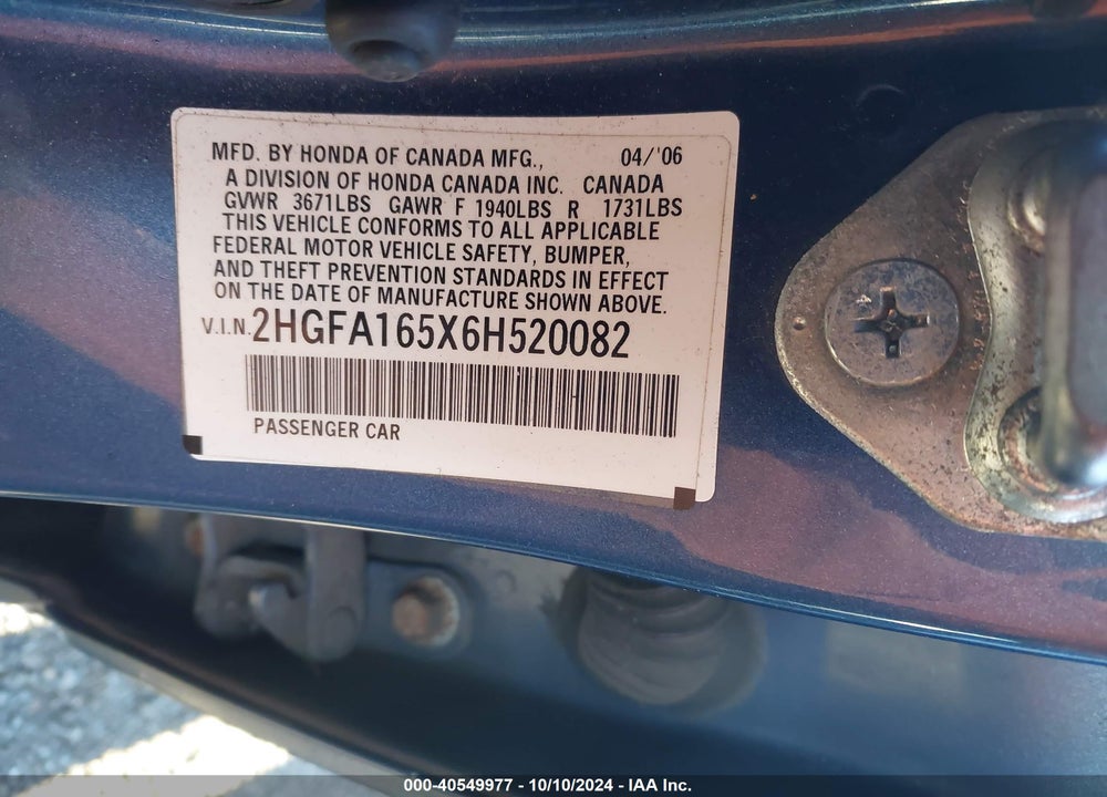 2006 HONDA CIVIC LX VIN: 2HGFA165X6H520082