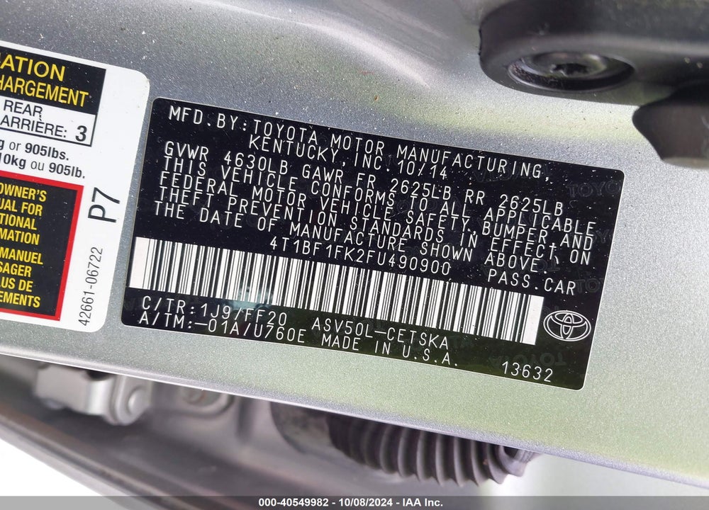 2015 TOYOTA CAMRY SE VIN: 4T1BF1FK2FU490900