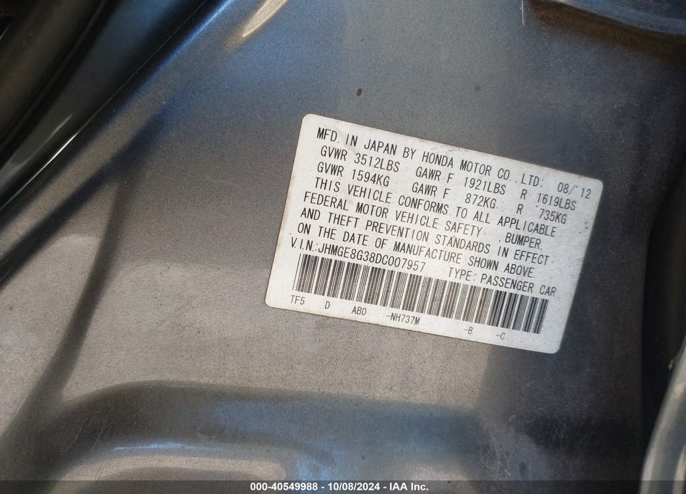 2013 HONDA FIT VIN: JHMGE8G38DC007957