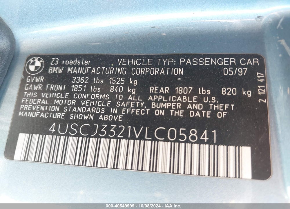 1997 BMW Z3 2.8L VIN: 4USCJ3321VLC05841