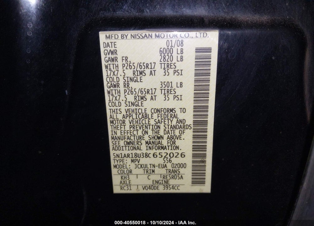 2008 NISSAN PATHFINDER SE VIN: 5N1AR18U38C652026