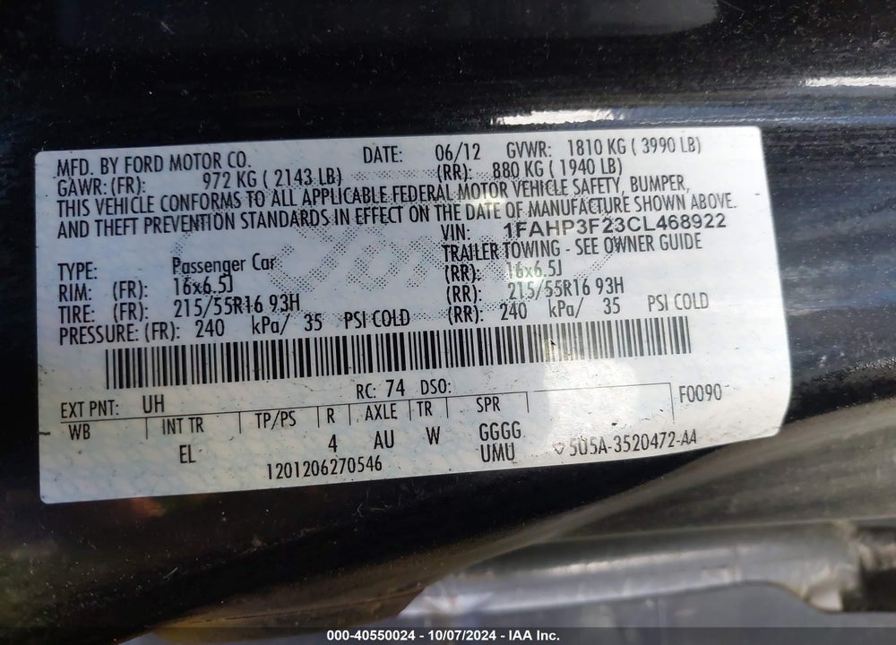 2012 FORD FOCUS SE VIN: 1FAHP3F23CL468922