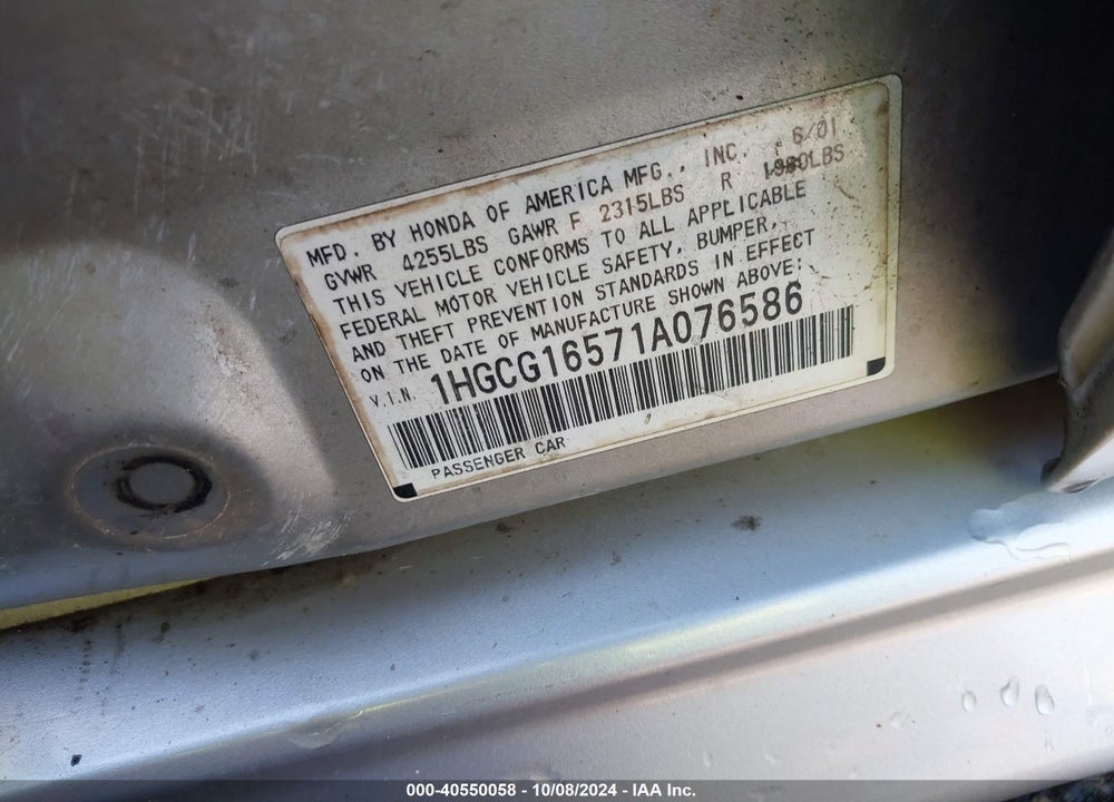 2001 HONDA ACCORD 3.0 EX VIN: 1HGCG16571A076586