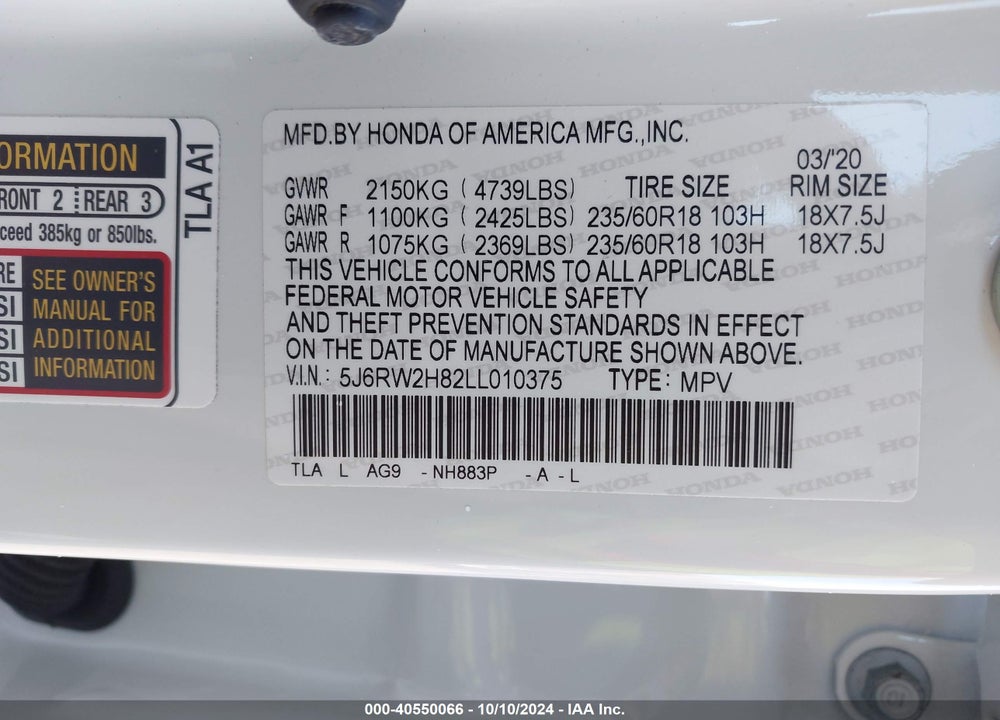 2020 HONDA CR-V AWD EX-L VIN: 5J6RW2H82LL010375