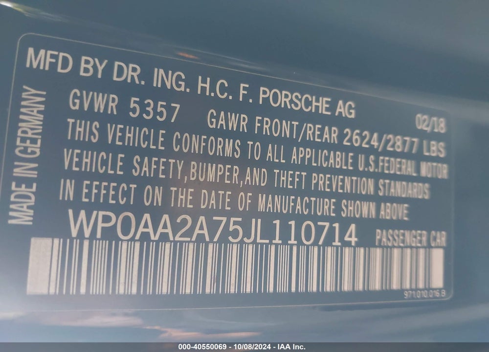 2018 PORSCHE PANAMERA 4 VIN: WP0AA2A75JL110714