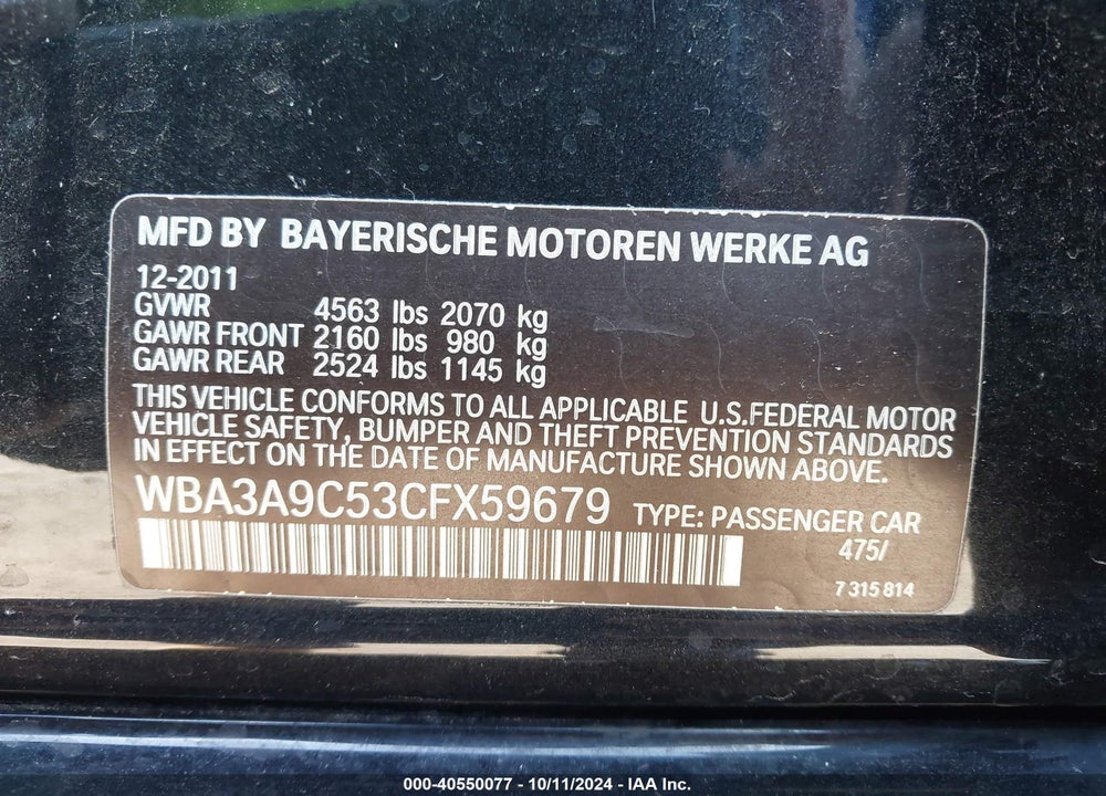 2012 BMW 335I VIN: WBA3A9C53CFX59679