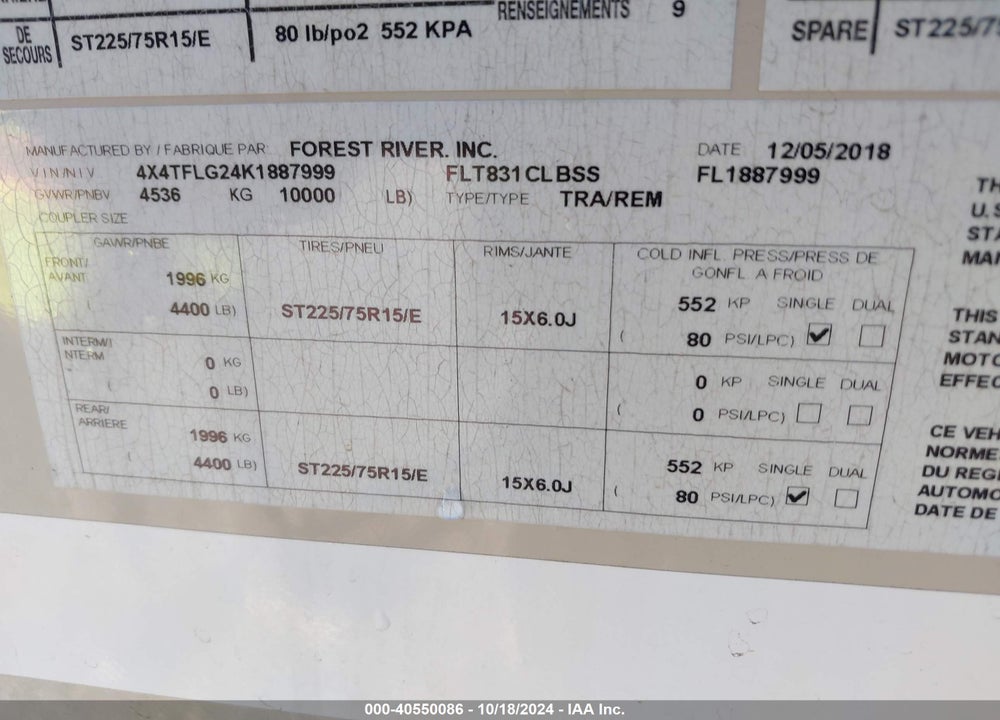 2019 FLAGSTAFF CLASSIC SERIES VIN: 4X4TFLG24K1887999