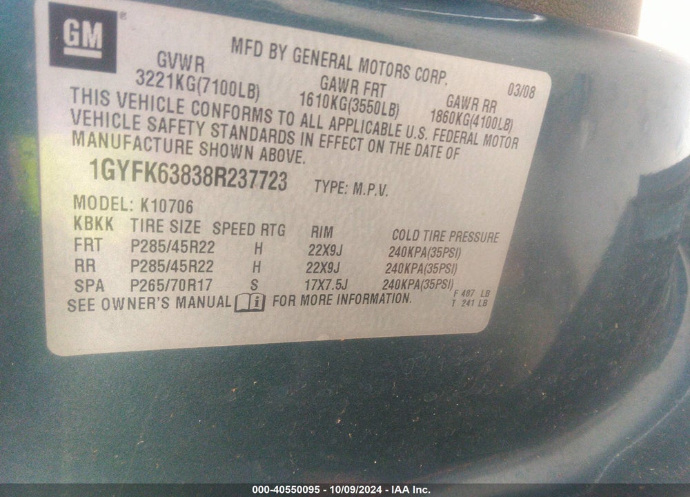 2008 CADILLAC ESCALADE STANDARD VIN: 1GYFK63838R237723