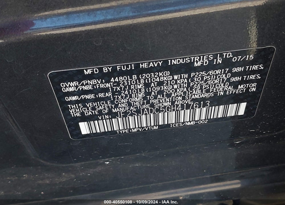 2016 SUBARU FORESTER 2.5I PREMIUM VIN: JF2SJADC5GH417613