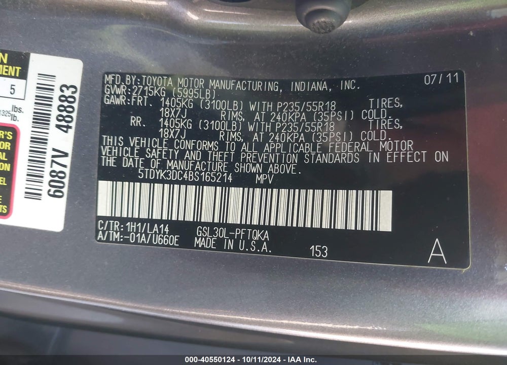 2011 TOYOTA SIENNA LIMITED V6 VIN: 5TDYK3DC4BS165214