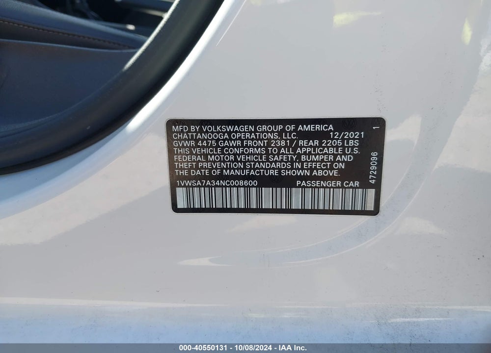 2022 VOLKSWAGEN PASSAT 2.0T SE VIN: 1VWSA7A34NC008600