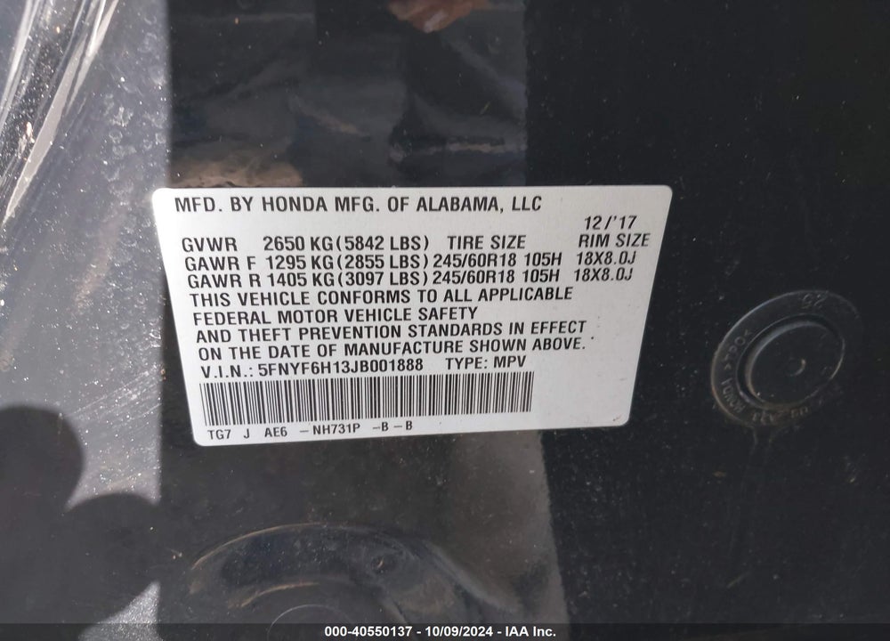2018 HONDA PILOT LX VIN: 5FNYF6H13JB001888