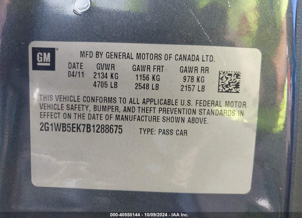 2011 CHEVROLET IMPALA LT VIN: 2G1WB5EK7B1288675