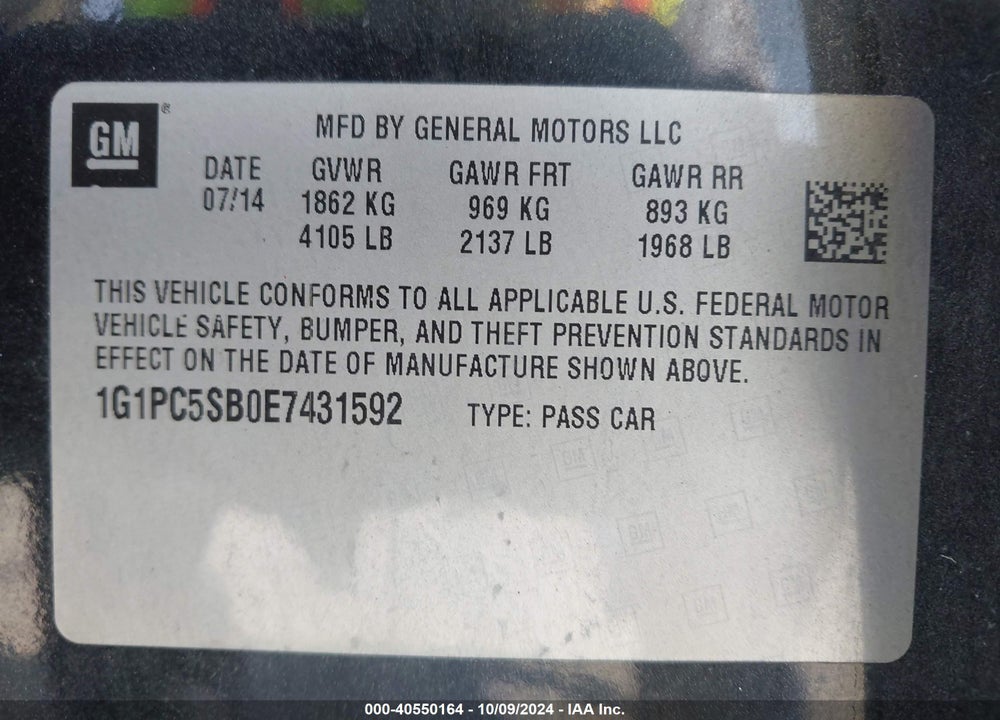 2014 CHEVROLET CRUZE 1LT AUTO VIN: 1G1PC5SB0E7431592