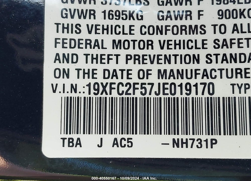 2018 HONDA CIVIC LX VIN: 19XFC2F57JE019170