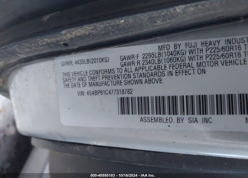 2007 SUBARU OUTBACK 2.5I BASIC VIN: 4S4BP61C477318782