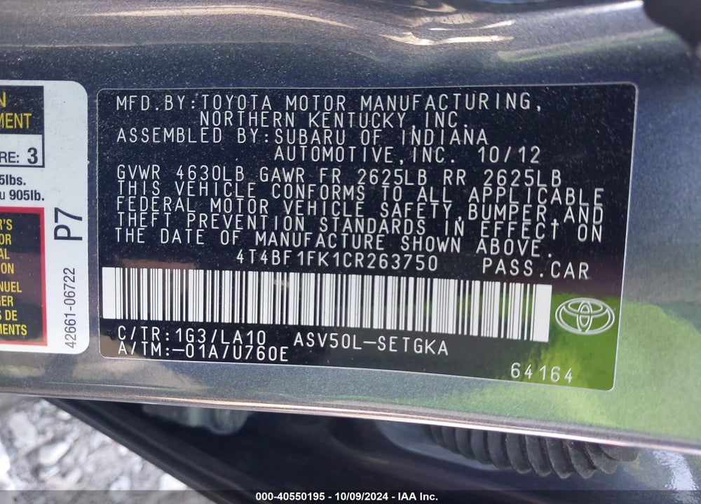 2012 TOYOTA CAMRY XLE VIN: 4T4BF1FK1CR263750
