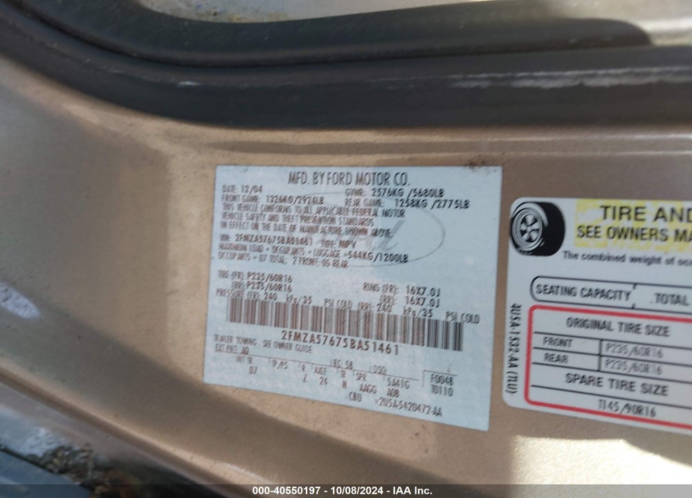 2005 FORD FREESTAR SES VIN: 2FMZA57675BA51461