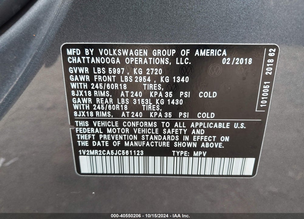 2018 VOLKSWAGEN ATLAS 3.6L V6 SEL VIN: 1V2MR2CA5JC561123