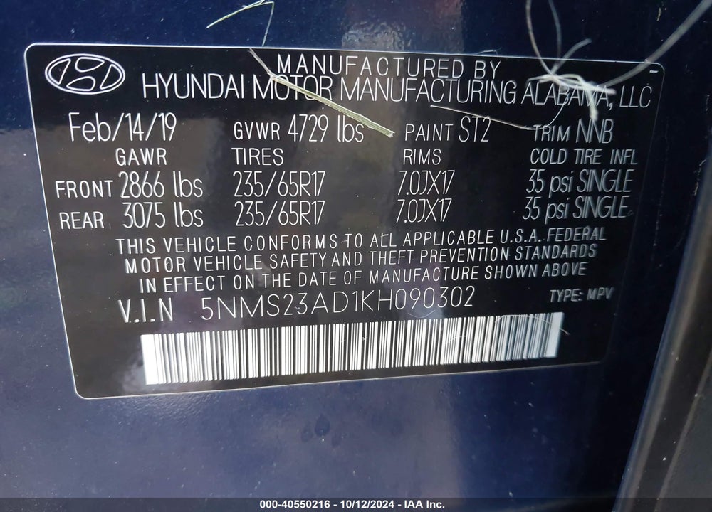 2019 HYUNDAI SANTA FE SE VIN: 5NMS23AD1KH090302