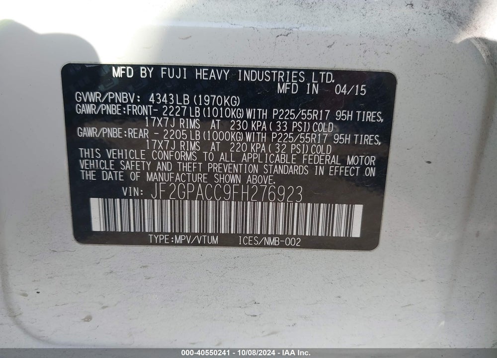 2015 SUBARU XV CROSSTREK 2.0I PREMIUM VIN: JF2GPACC9FH276923