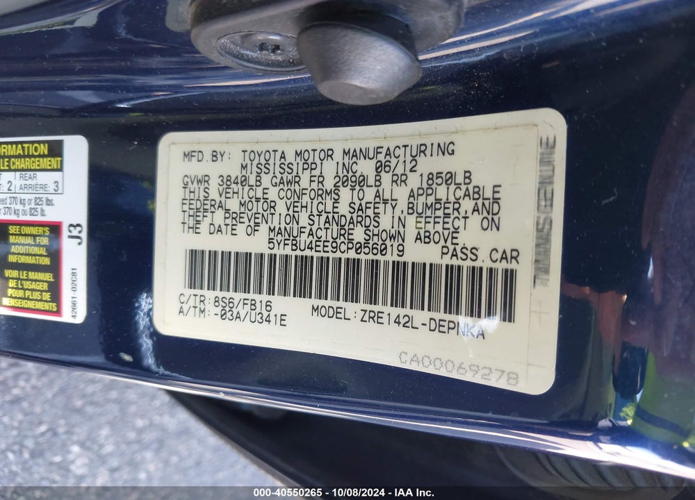 2012 TOYOTA COROLLA LE VIN: 5YFBU4EE9CP056019