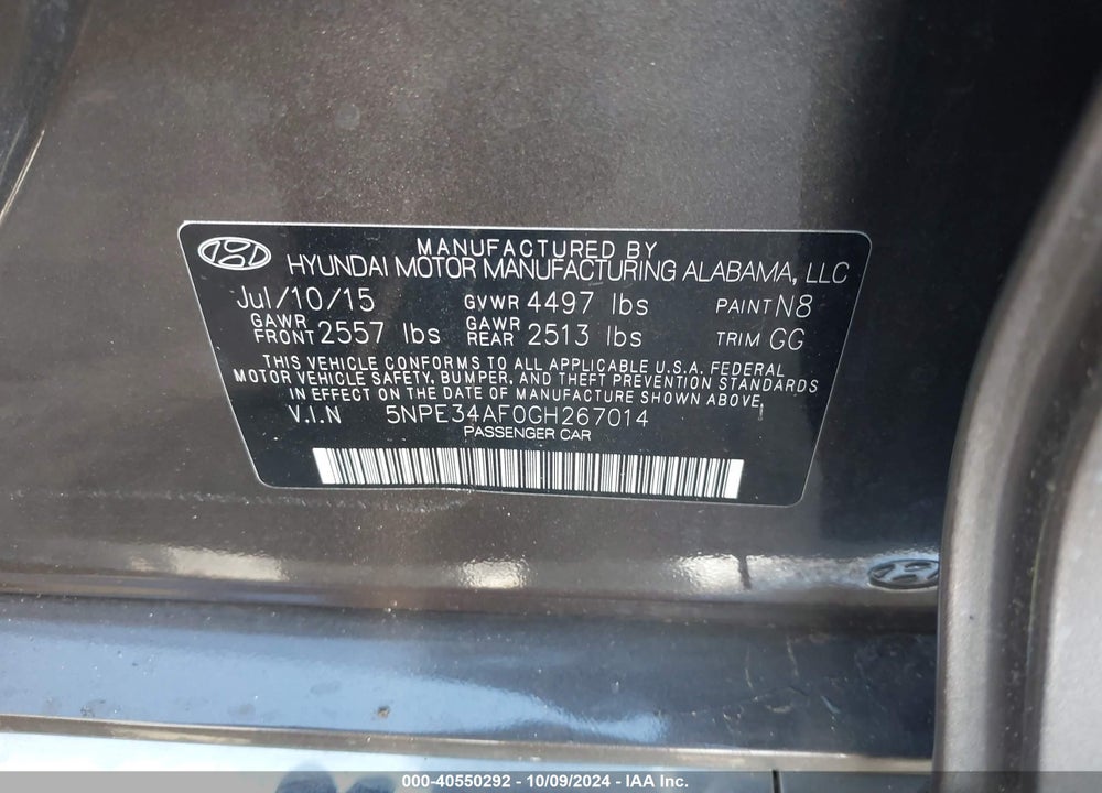 2016 HYUNDAI SONATA SPORT VIN: 5NPE34AF0GH267014