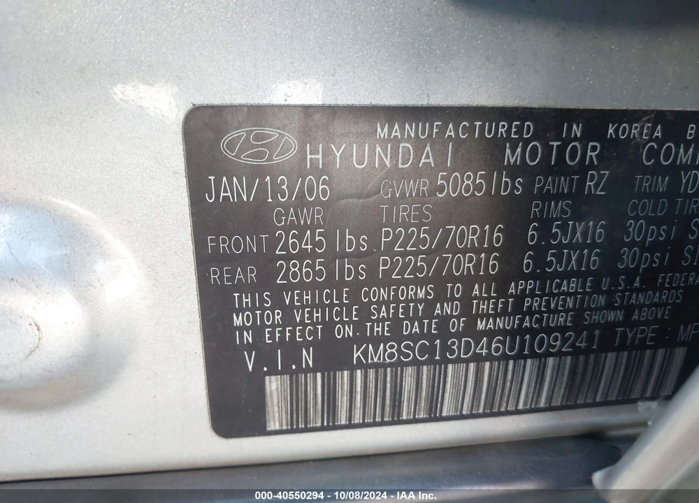 2006 HYUNDAI SANTA FE GLS VIN: KM8SC13D46U109241