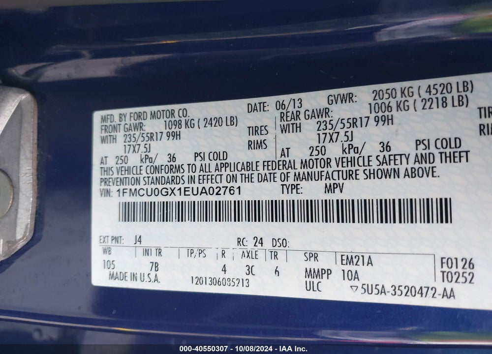 2014 FORD ESCAPE SE VIN: 1FMCU0GX1EUA02761