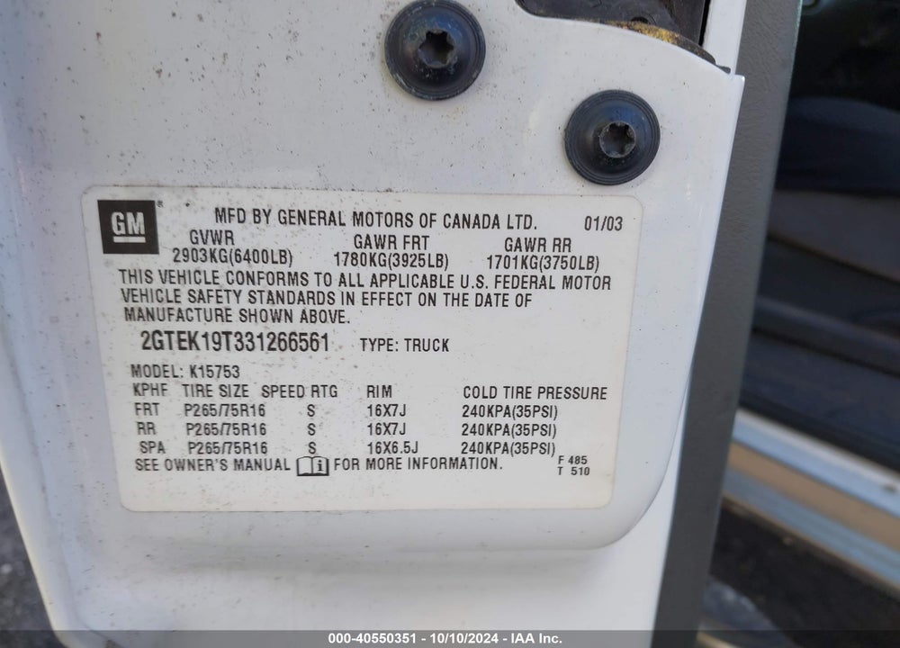 2003 GMC SIERRA 1500 SLE VIN: 2GTEK19T331266561