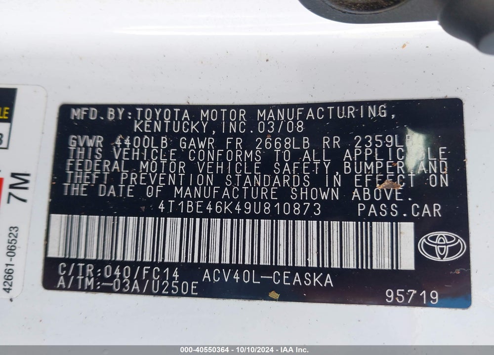 2009 TOYOTA CAMRY SE VIN: 4T1BE46K49U810873