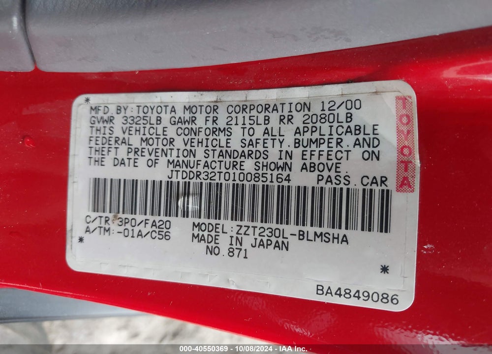 2001 TOYOTA CELICA GT VIN: JTDDR32T010085164
