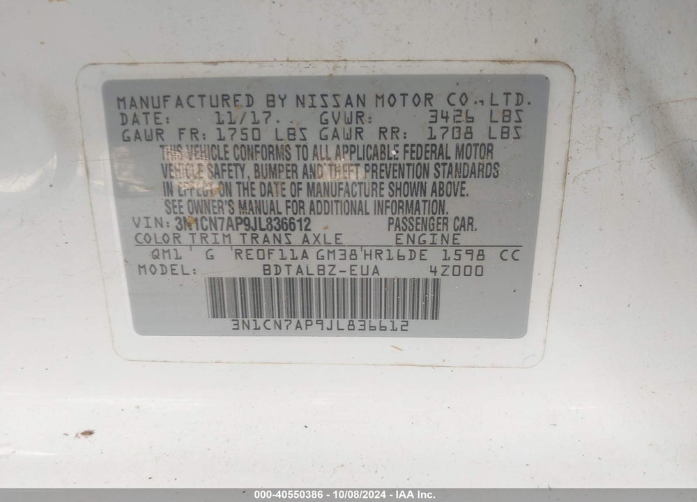 2018 NISSAN VERSA 1.6 SV VIN: 3N1CN7AP9JL836612