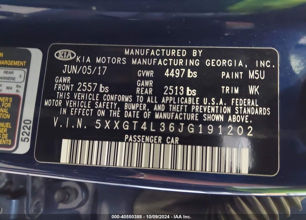 2018 KIA OPTIMA VIN: 5XXGT4L36JG191202