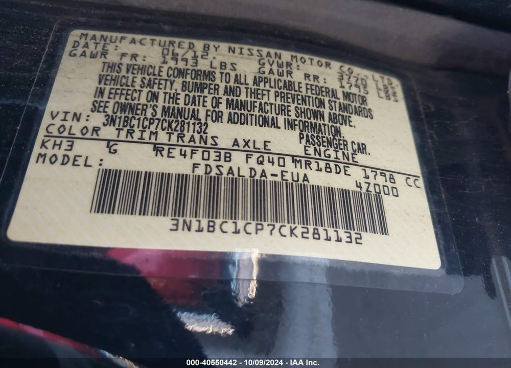 2012 NISSAN VERSA 1.8 S VIN: 3N1BC1CP7CK281132
